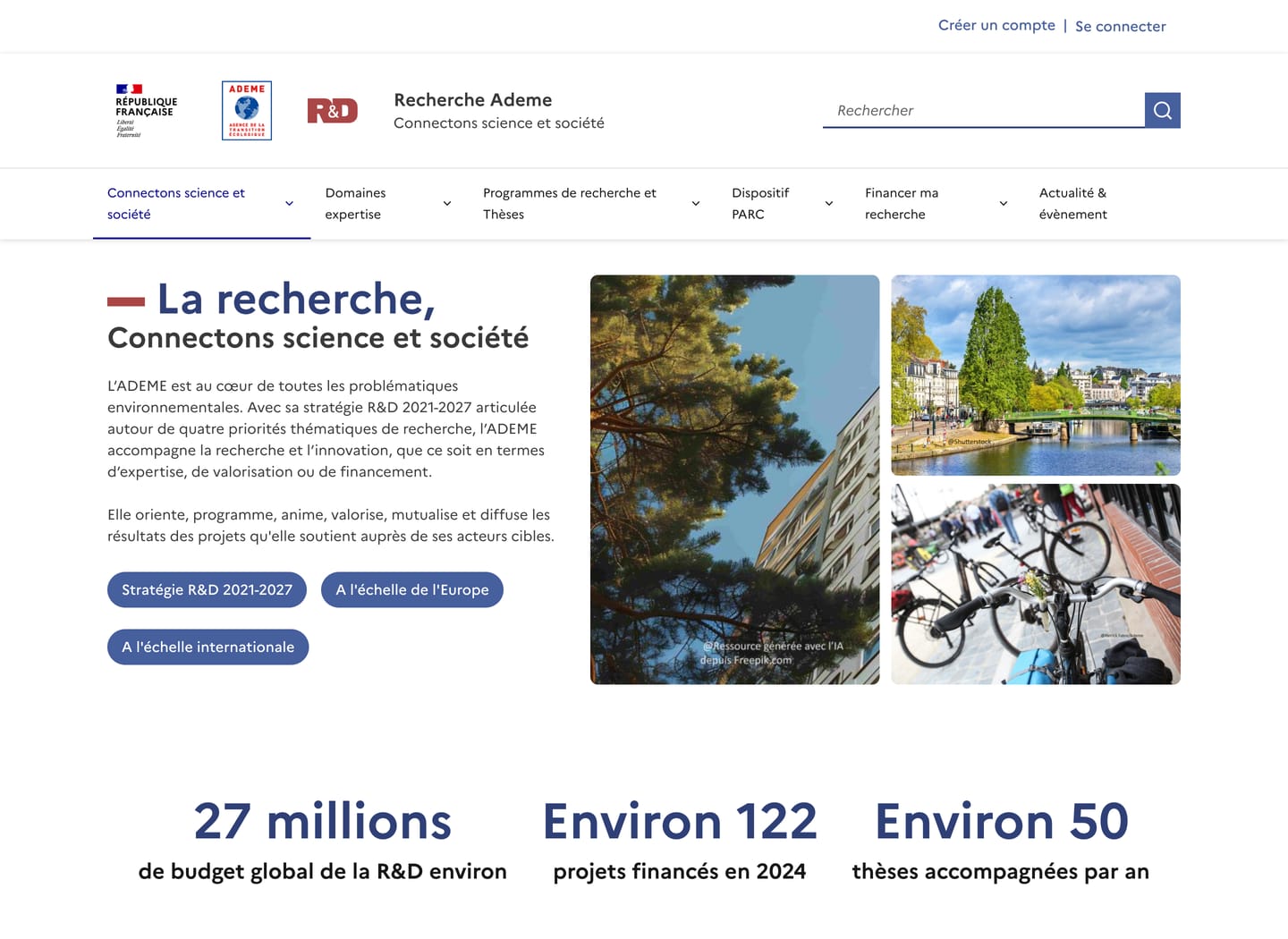 Menu principal de recherche.ademe.fr, six entrées : Connectons science et société, Domaines expertise, Programmes de recherche et Thèses, Dispositif PARC, Financer ma recherche, Actualité et évènement.