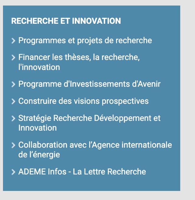 Menu latéral de la rubrique « Recherche et innovation » d'ademe.fr en 2021, sept liens.