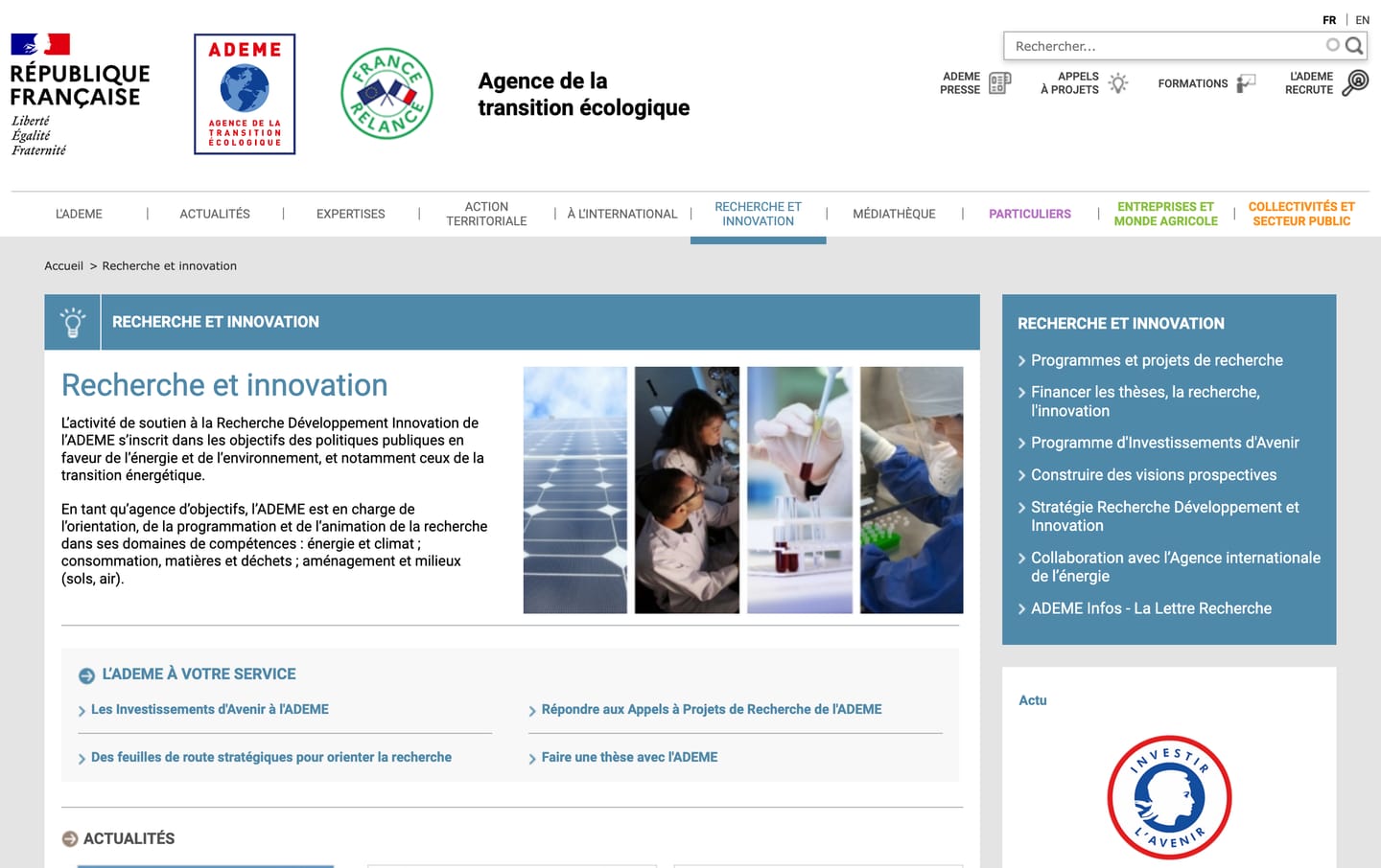 Page « Recherche et innovation » du site ademe.fr en 2021 : une rubrique du menu principal, un menu latéral de sept liens et une page chargée d'actualités.