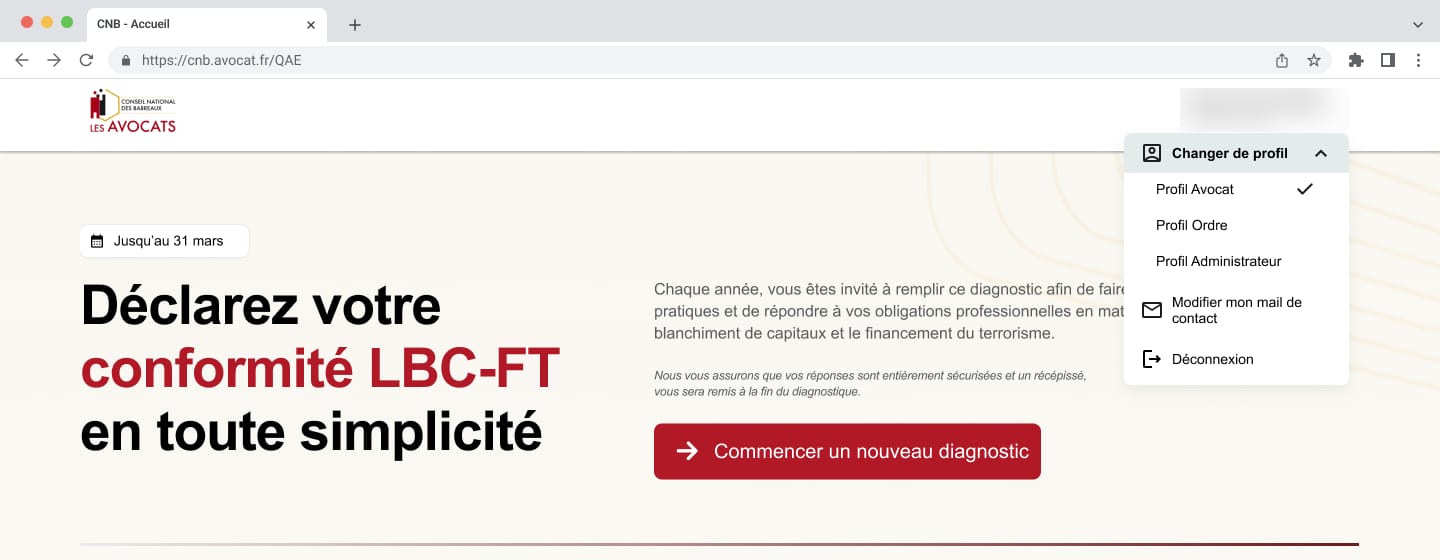 Accueil de l'espace avocat : « Déclarez votre conformité LBC-FT en toute simplicité », mention des réponses sécurisées et du récépissé, menu pour changer de profil entre avocat, Ordre et administrateur.
