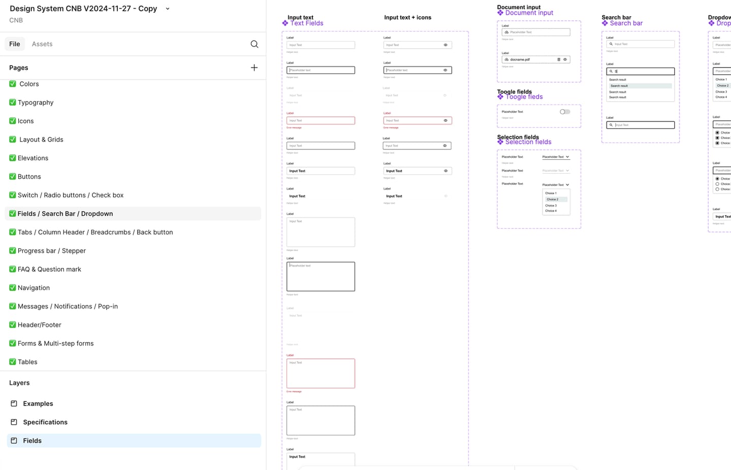 Fichier Figma « Design System CNB V2024-11-27 » : liste des pages (couleurs, typographie, boutons, champs, navigation, formulaires en plusieurs étapes, tableaux) et planche des champs de saisie avec leurs états, dont l'état d'erreur en rouge.