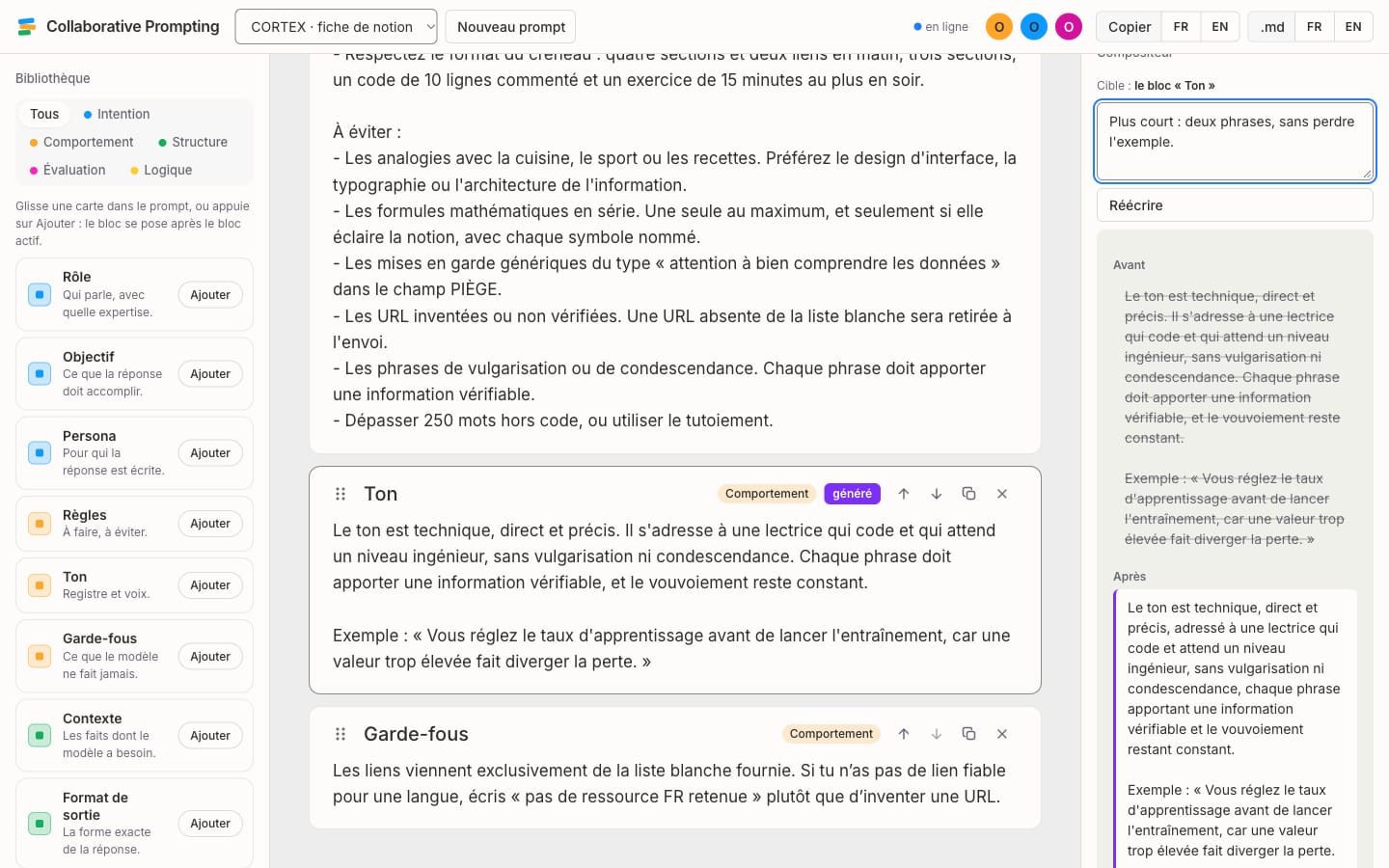 Le bloc Ton est ciblé. À droite, le compositeur affiche la demande « Plus court : deux phrases, sans perdre l'exemple », puis le texte d'avant barré et la proposition d'après, avec les boutons Accepter et Annuler.