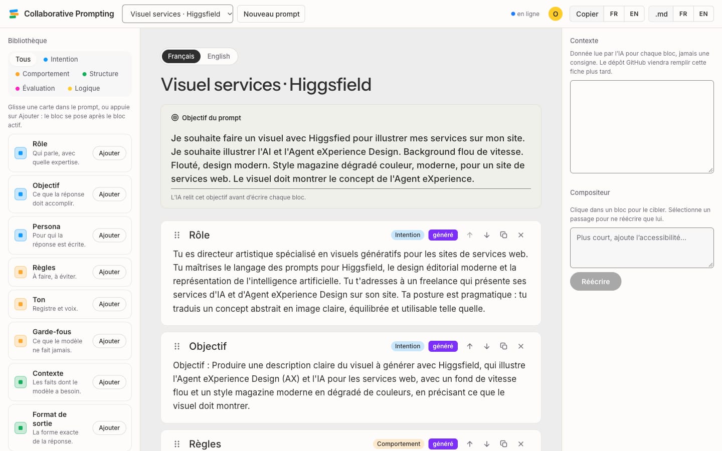 Éditeur Collaborative Prompting : à gauche une bibliothèque de blocs classés par famille, chacun avec sa pastille de couleur, au centre le prompt « Visuel services, Higgsfield » avec son objectif et des blocs Rôle et Objectif marqués « généré », à droite la fiche de contexte et le compositeur.