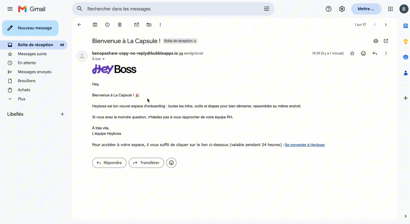 Mail HeyBoss reçu dans Gmail : bienvenue, présentation de l'espace d'onboarding et lien « Se connecter à Heyboss » valable 24 heures.