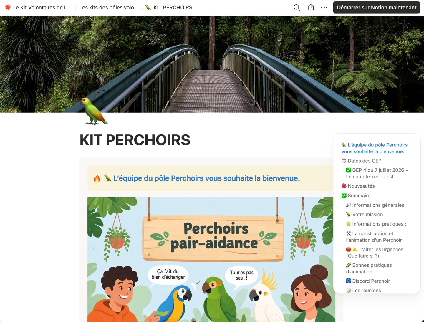 Accueil de l'espace Notion « Kit Perchoirs » : bannière de forêt, illustration « Perchoirs pair-aidance », et un sommaire à droite (dates des groupes d'échanges, nouveautés, mission, informations pratiques, traiter les urgences, bonnes pratiques d'animation, Discord, réunions).
