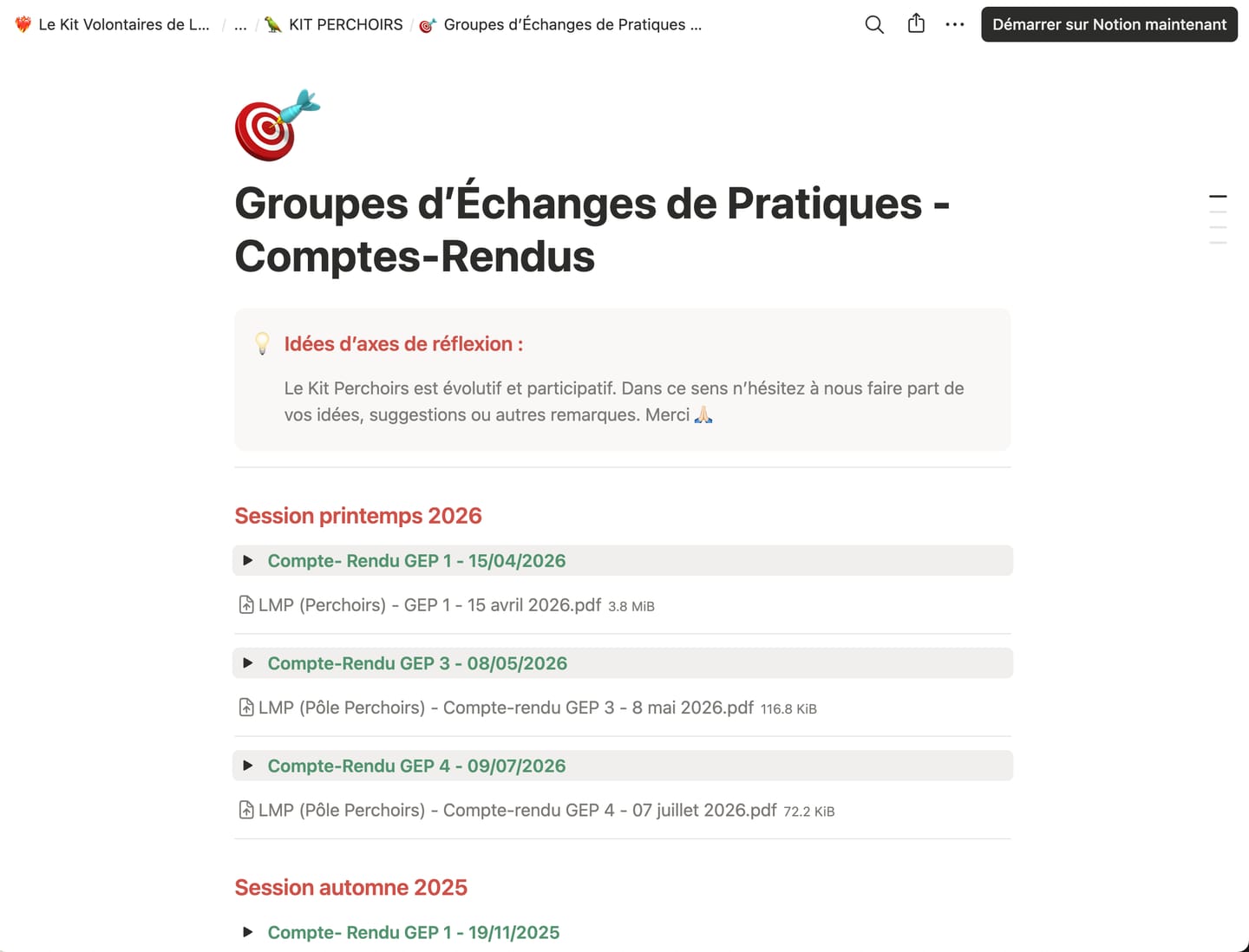 Page des comptes-rendus des groupes d'échanges de pratiques, avec l'encart « Le Kit Perchoirs est évolutif et participatif » et les comptes-rendus datés de l'automne 2025 au printemps 2026.