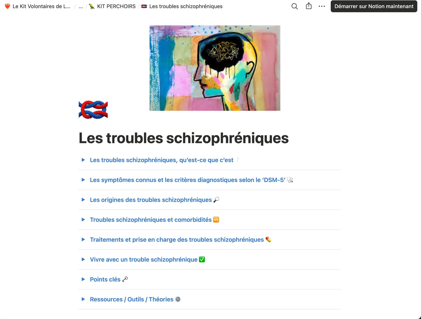 Fiche « Les troubles schizophréniques » du kit : une illustration de profil, puis huit blocs dépliables, de « qu'est-ce que c'est » aux ressources, en passant par les symptômes, les comorbidités, les traitements et les points clés.