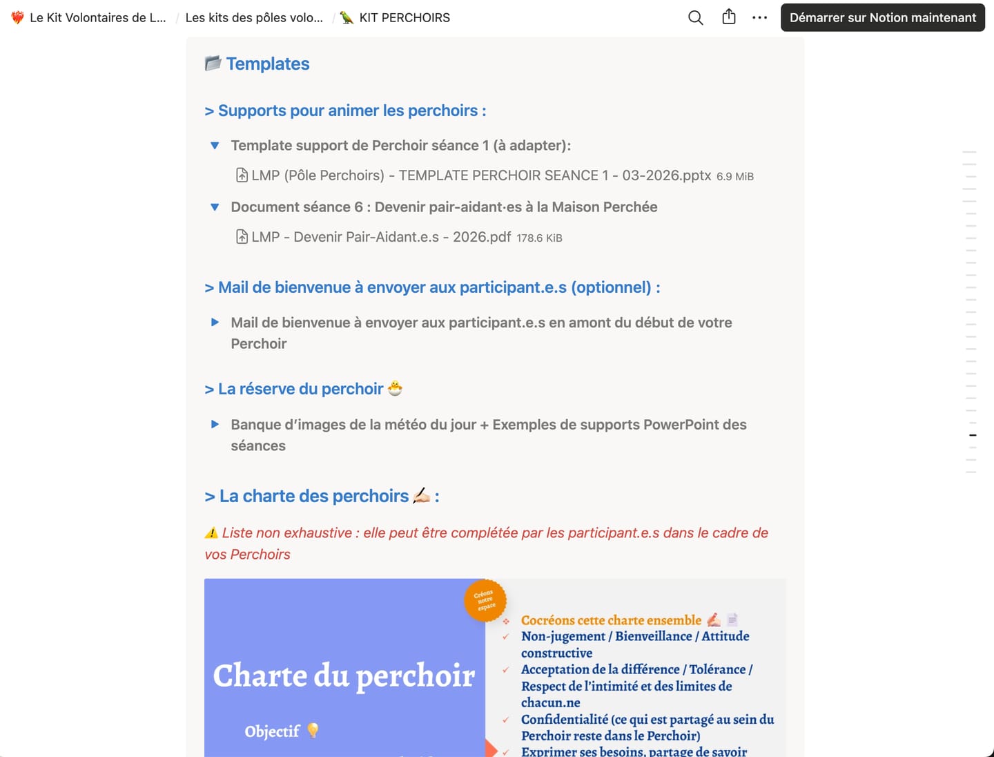 Section Templates : support de la séance 1 à adapter, document de la séance 6, mail de bienvenue aux participants, réserve d'images, et la charte du perchoir (non-jugement, tolérance, confidentialité).