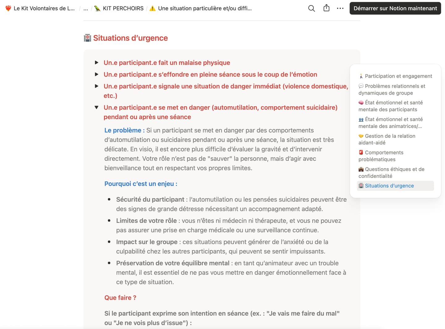 Page « Une situation particulière » du kit, rubrique Situations d'urgence : la situation « un participant se met en danger » est dépliée en trois parties, le problème, pourquoi c'est un enjeu, que faire.