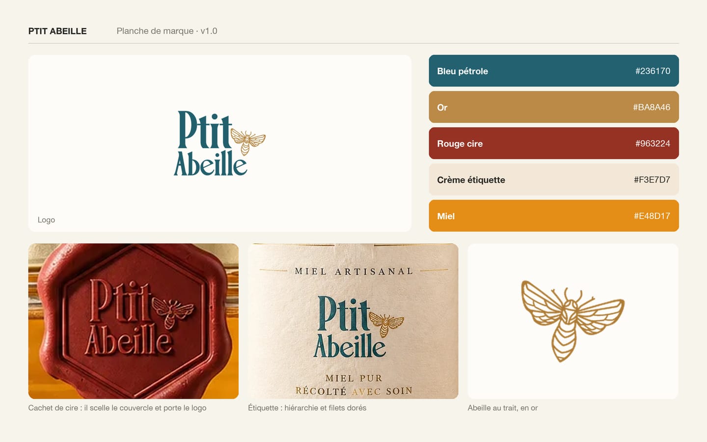 Planche de marque Ptit Abeille : le logo sur fond crème, cinq couleurs avec leur code (bleu pétrole #236170, or #BA8A46, rouge cire #963224, crème étiquette #F3E7D7, miel #E48D17), puis trois détails : le cachet de cire marqué du logo, le haut de l'étiquette « Miel artisanal », l'abeille au trait en or.