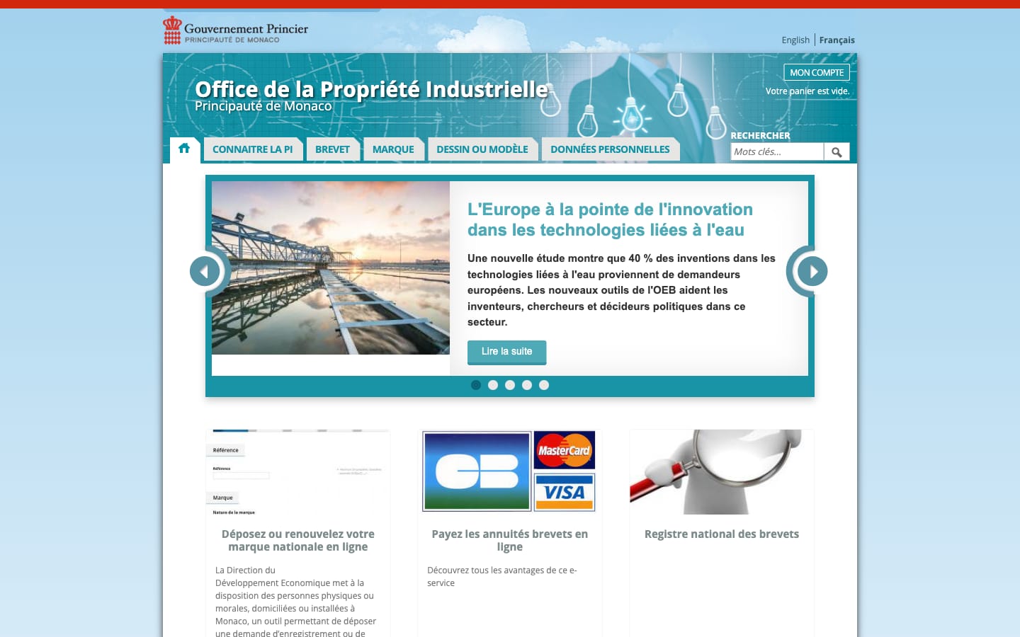 Accueil de l'ancien site de l'Office de la Propriété Industrielle de Monaco, archivé le 2 décembre 2024 : logo du Gouvernement Princier, bandeau bleu à ampoules, menu Connaître la PI, Brevet, Marque, Dessin ou modèle, Données personnelles, carrousel sur une étude européenne des technologies de l'eau, puis trois cartes illustrées de photos d'archive.