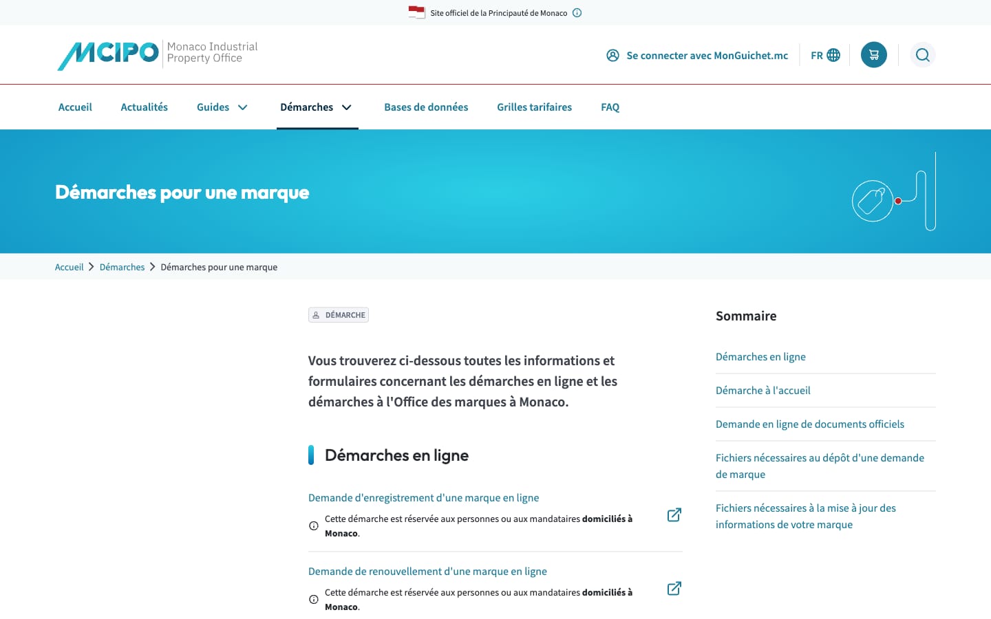 Page « Démarches pour une marque » du site mcipo.gouv.mc le 17 octobre 2026 : démarches en ligne (enregistrement, renouvellement) avec la mention des personnes domiciliées à Monaco, et un sommaire à droite vers la démarche à l'accueil et les fichiers nécessaires au dépôt.