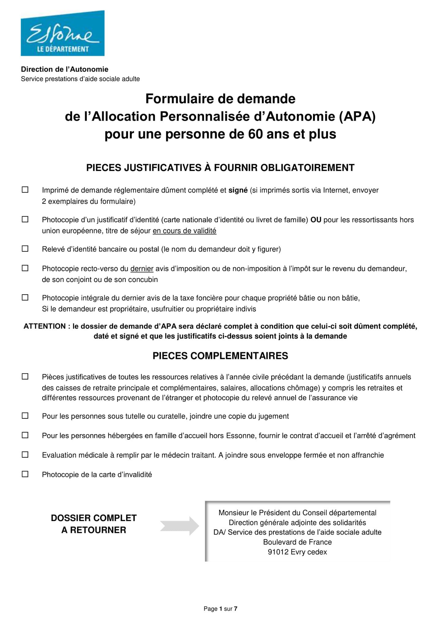 Première page du formulaire de demande d'APA du Département de l'Essonne : cinq pièces justificatives obligatoires à cocher, cinq pièces complémentaires dont l'évaluation médicale du médecin traitant, et l'adresse postale où retourner le dossier complet.
