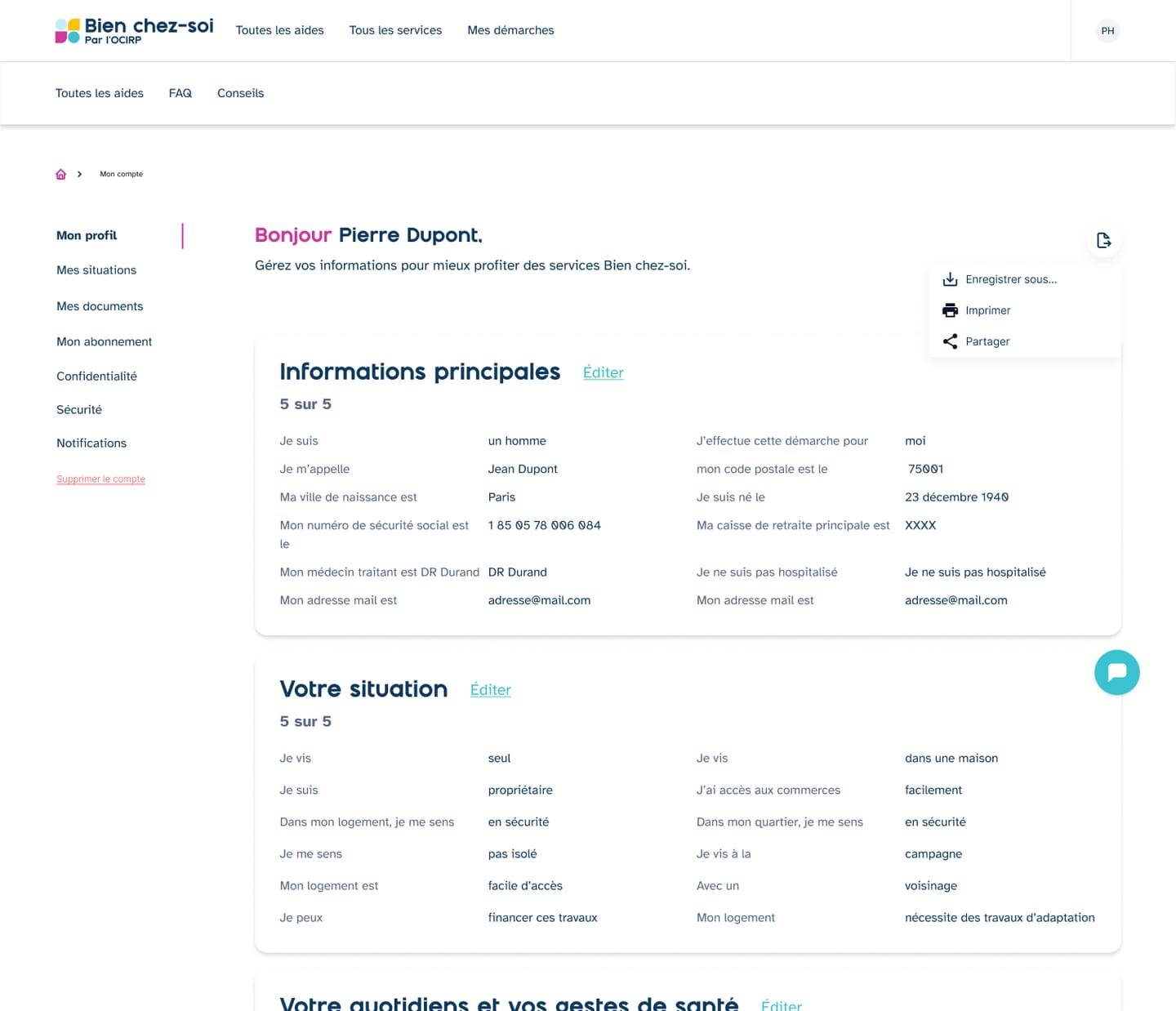 Page « Mon profil » de Bien chez-soi pour un personnage fictif : sections Informations principales et Votre situation remplies, chacune notée « 5 sur 5 », avec le médecin traitant, la caisse de retraite et un lien Éditer.