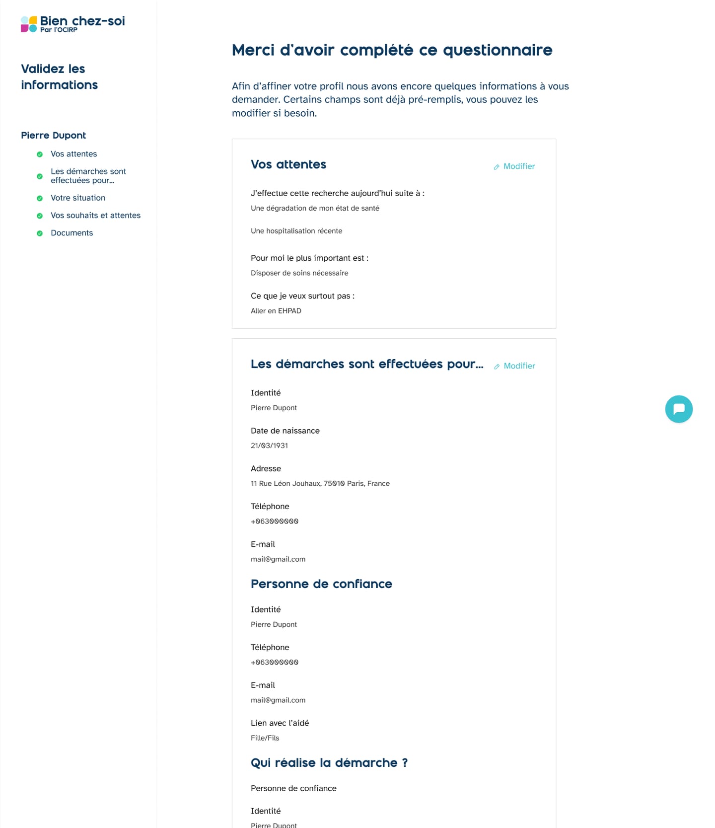 Écran « Merci d'avoir complété ce questionnaire » : à gauche cinq étapes validées dont Documents, à droite les attentes de la personne aidée, ses coordonnées, puis un bloc « Personne de confiance » avec le lien Fille/Fils.