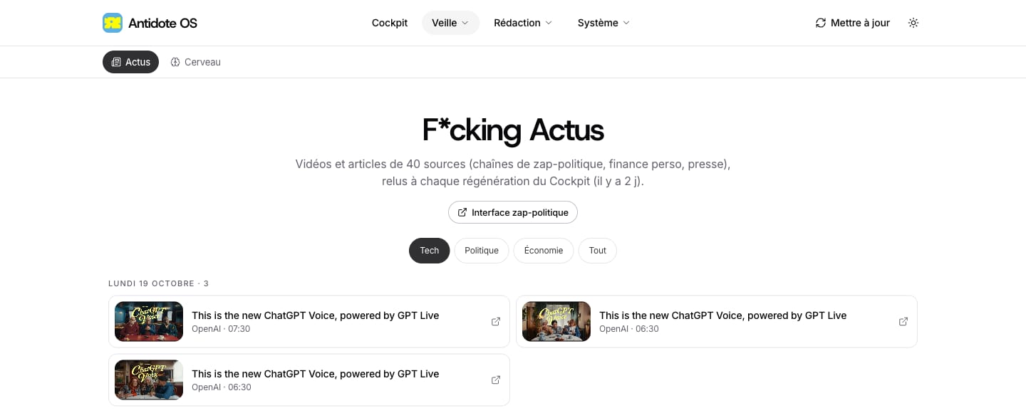 Page F*cking Actus du Cockpit : vidéos et articles de 40 sources, classés par jour, avec des onglets Tech, Politique, Économie et Tout.