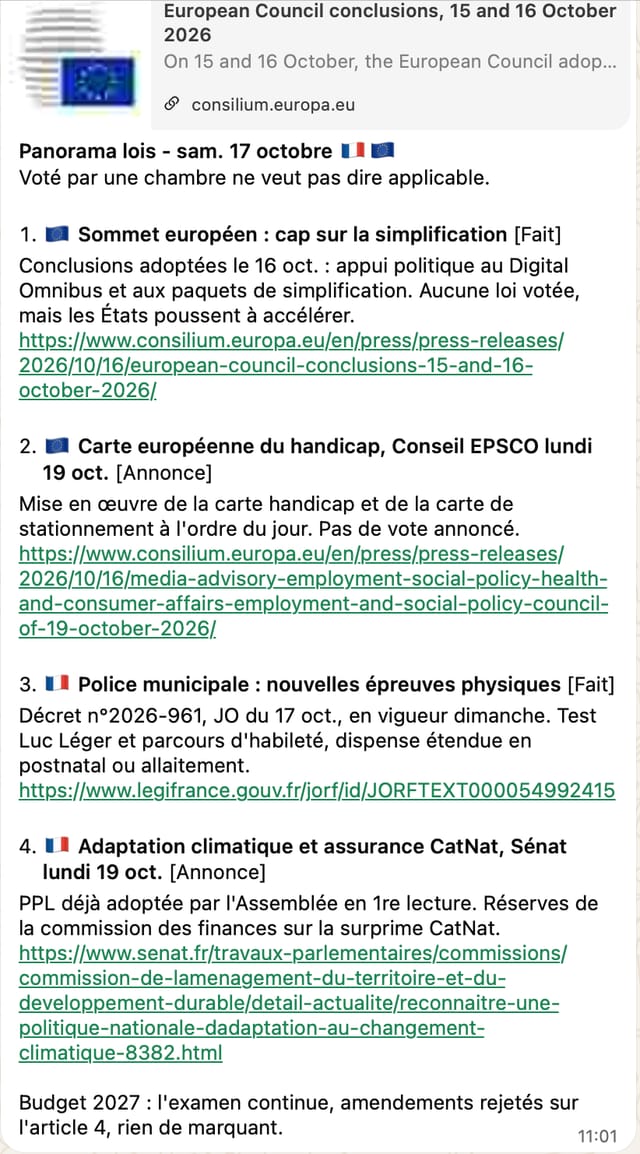 Message d'INSTINCT du samedi 17 octobre : quatre lois ou annonces numérotées, avec leur statut, Fait ou Annoncé, un résumé et le lien vers la source officielle.