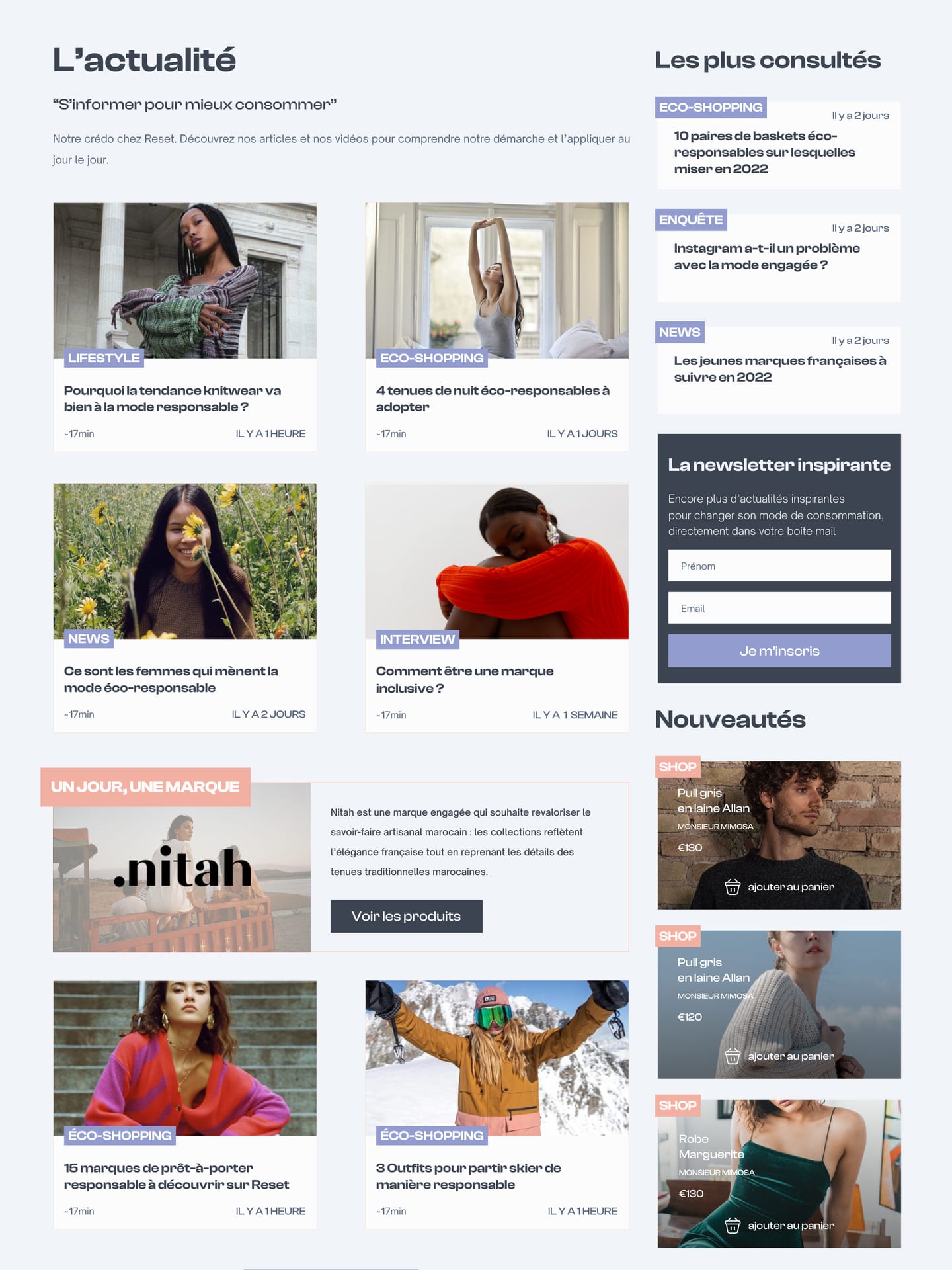 Partie magazine de l'accueil : articles étiquetés Lifestyle, Éco-shopping, News, Interview en lavande, encart « Un jour, une marque » en corail, colonne « Nouveautés » avec des produits étiquetés Shop en corail.