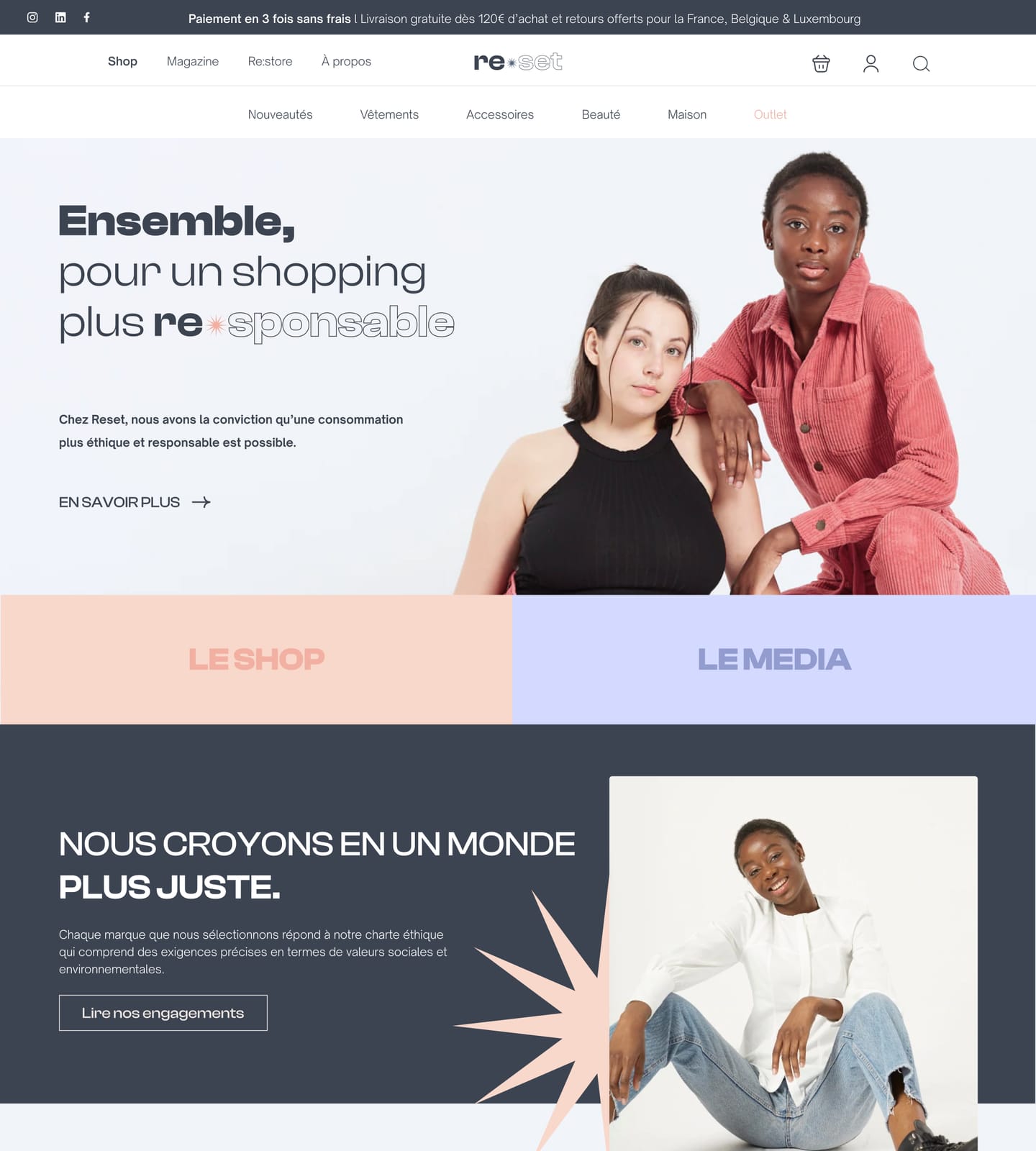 Haut de la page d'accueil refondue : « Ensemble, pour un shopping plus re✱sponsable », deux femmes en photo, puis deux blocs « Le shop » en corail et « Le media » en lavande, et un bandeau ardoise « Nous croyons en un monde plus juste ».