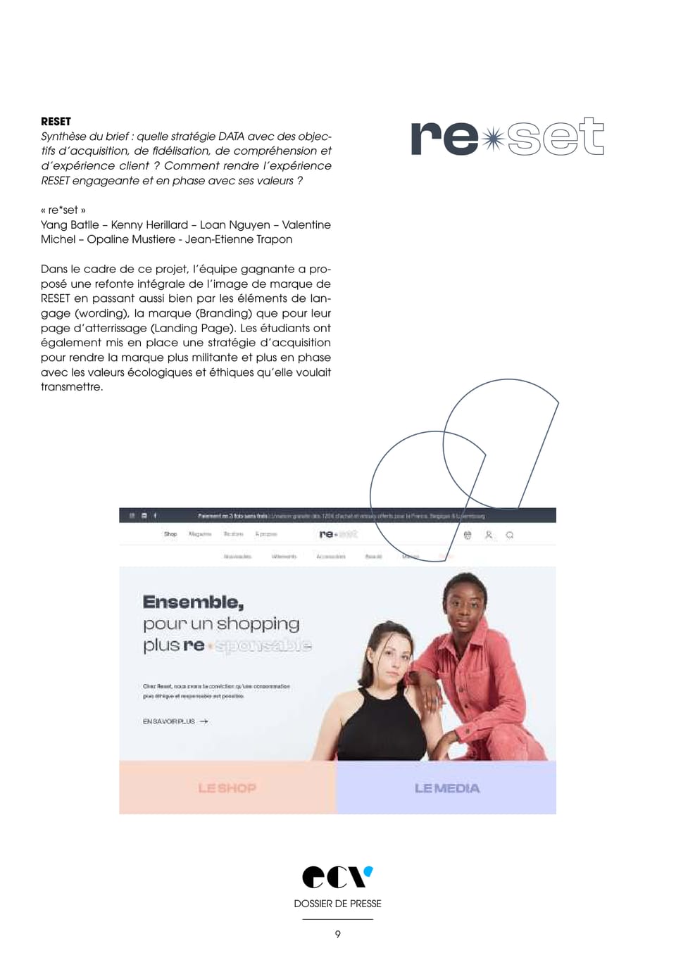 Page 9 du dossier de presse de l'ECV Digital : le titre RESET, la synthèse du brief, les six noms de l'équipe « re*set », le paragraphe sur l'équipe gagnante, le logotype re✱set et la maquette de l'accueil « Ensemble, pour un shopping plus re✱sponsable ».