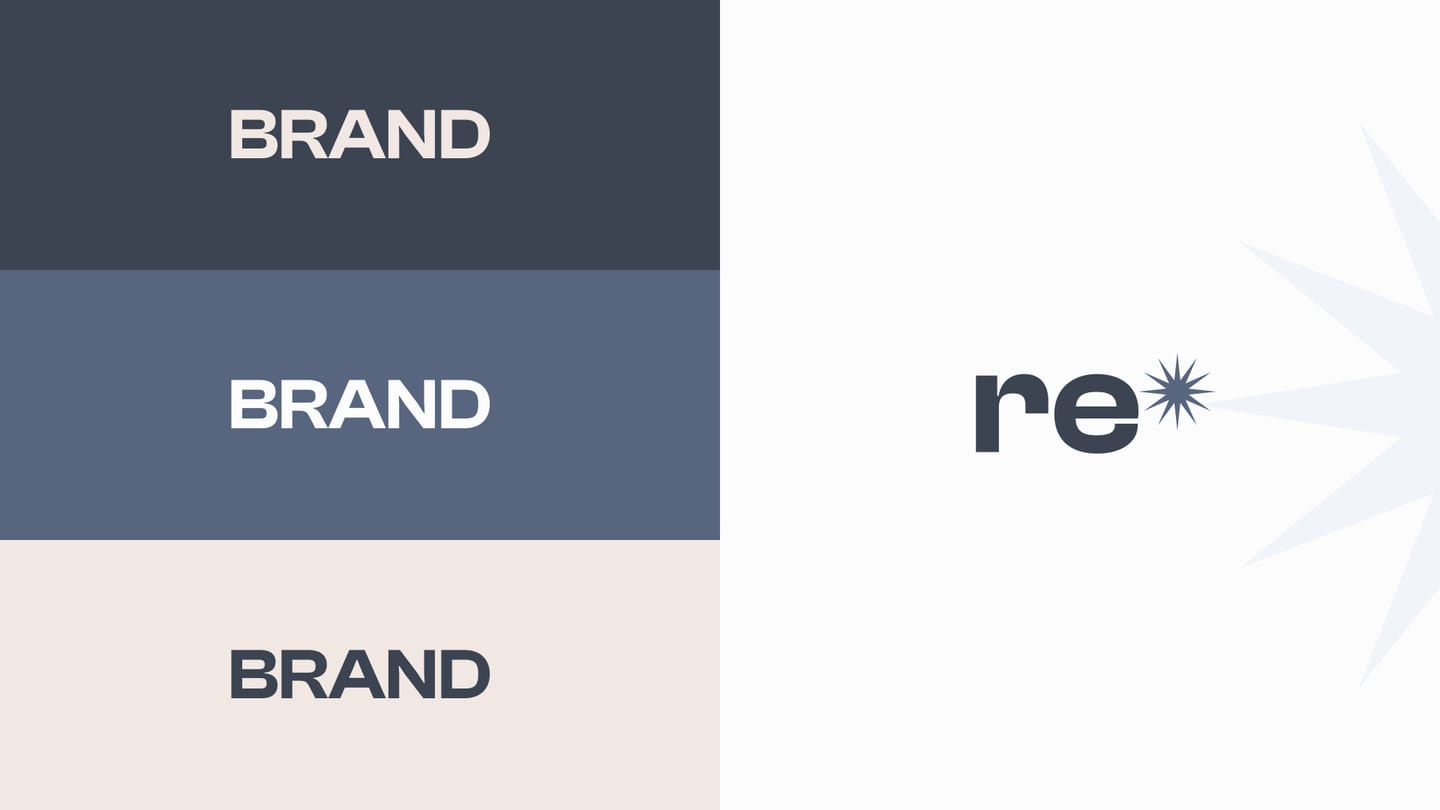 Planche Brand : trois bandeaux « BRAND » en ardoise foncée, bleu gris et beige rosé, et le signe « re » avec une étoile ardoise.