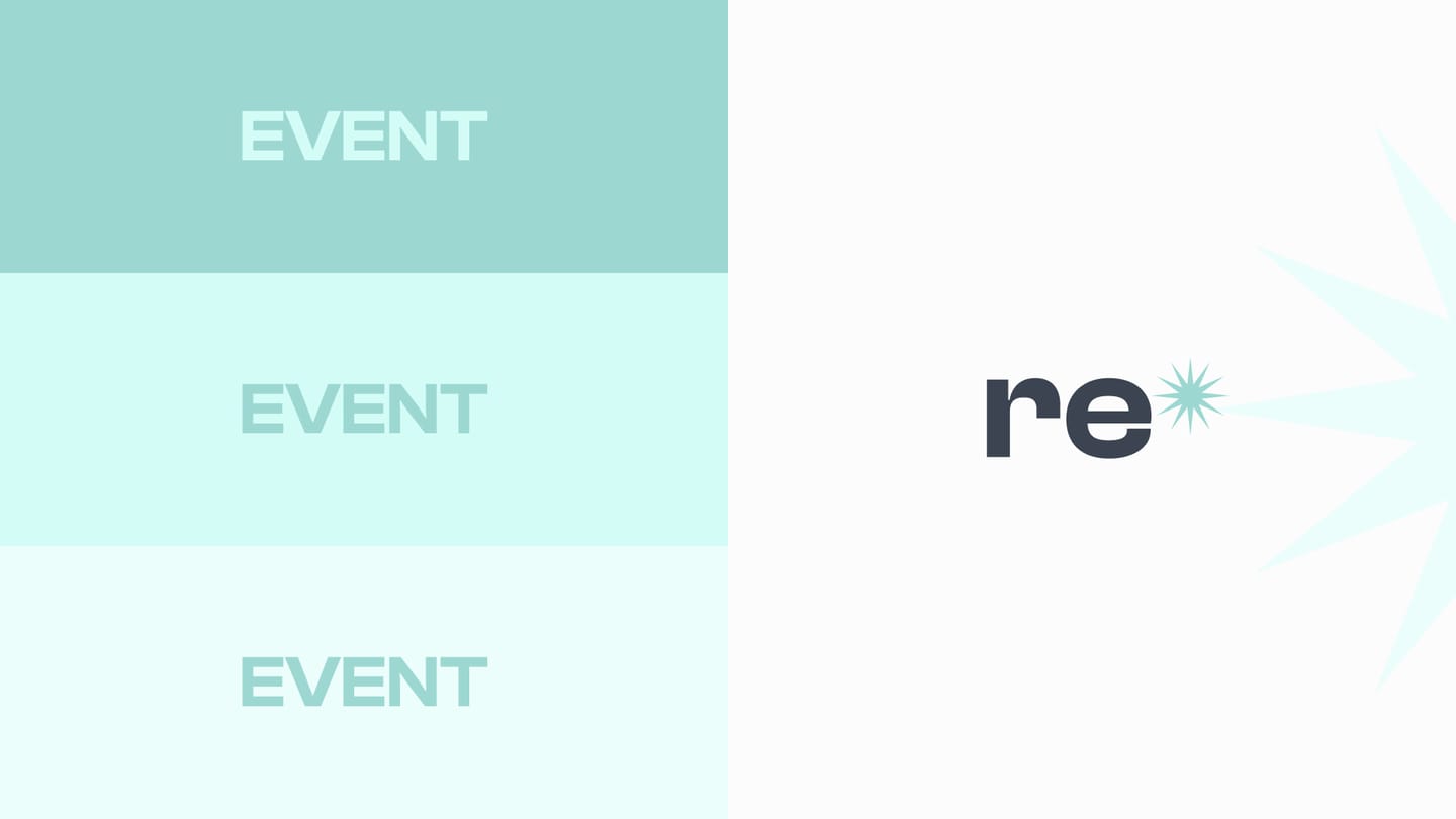 Planche Event : trois bandeaux « EVENT » en turquoise du plus soutenu au plus pâle, et le signe « re » avec une étoile turquoise.