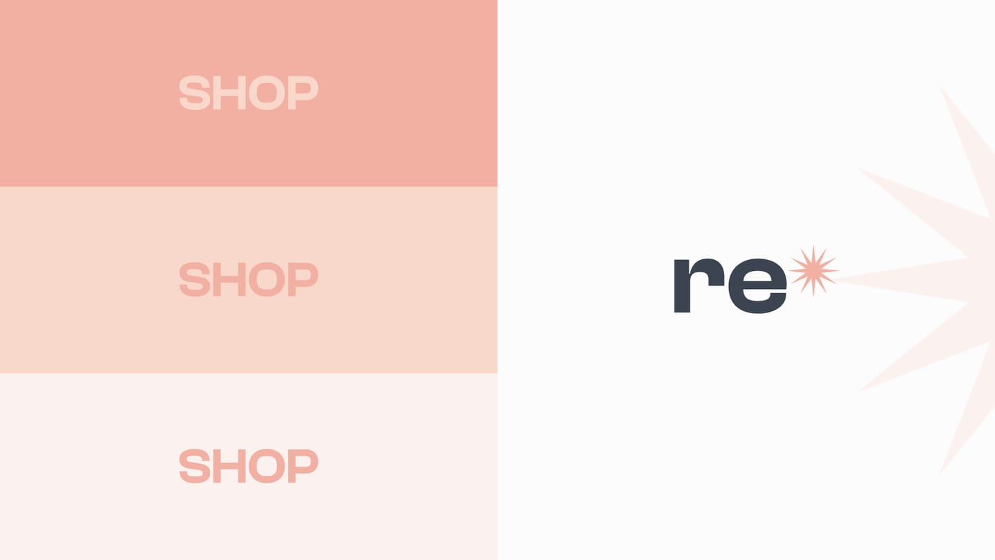 Planche Shop : trois bandeaux « SHOP » en corail du plus soutenu au plus pâle, et le signe « re » avec une étoile corail.