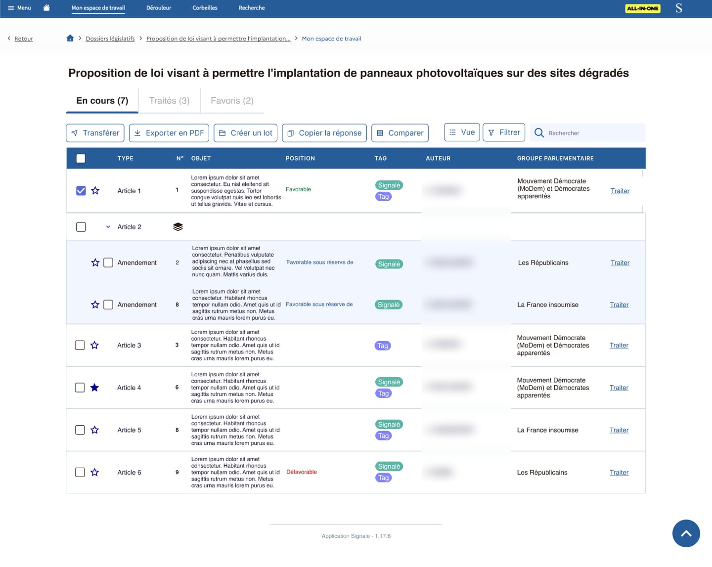 Maquette de l'espace de travail SIGNALE : onglets En cours, Traités et Favoris, barre d'actions (Transférer, Exporter en PDF, Créer un lot, Copier la réponse, Comparer), tableau des amendements par article avec position, tags et groupe parlementaire.