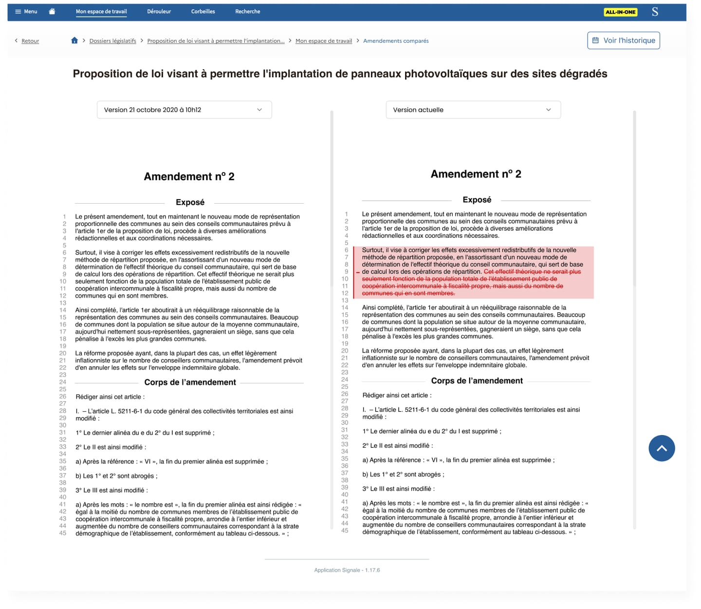 Écran « Amendements comparés » : à gauche la version du 21 octobre à 10h12, à droite la version actuelle, avec un passage de l'exposé surligné en rouge et barré.