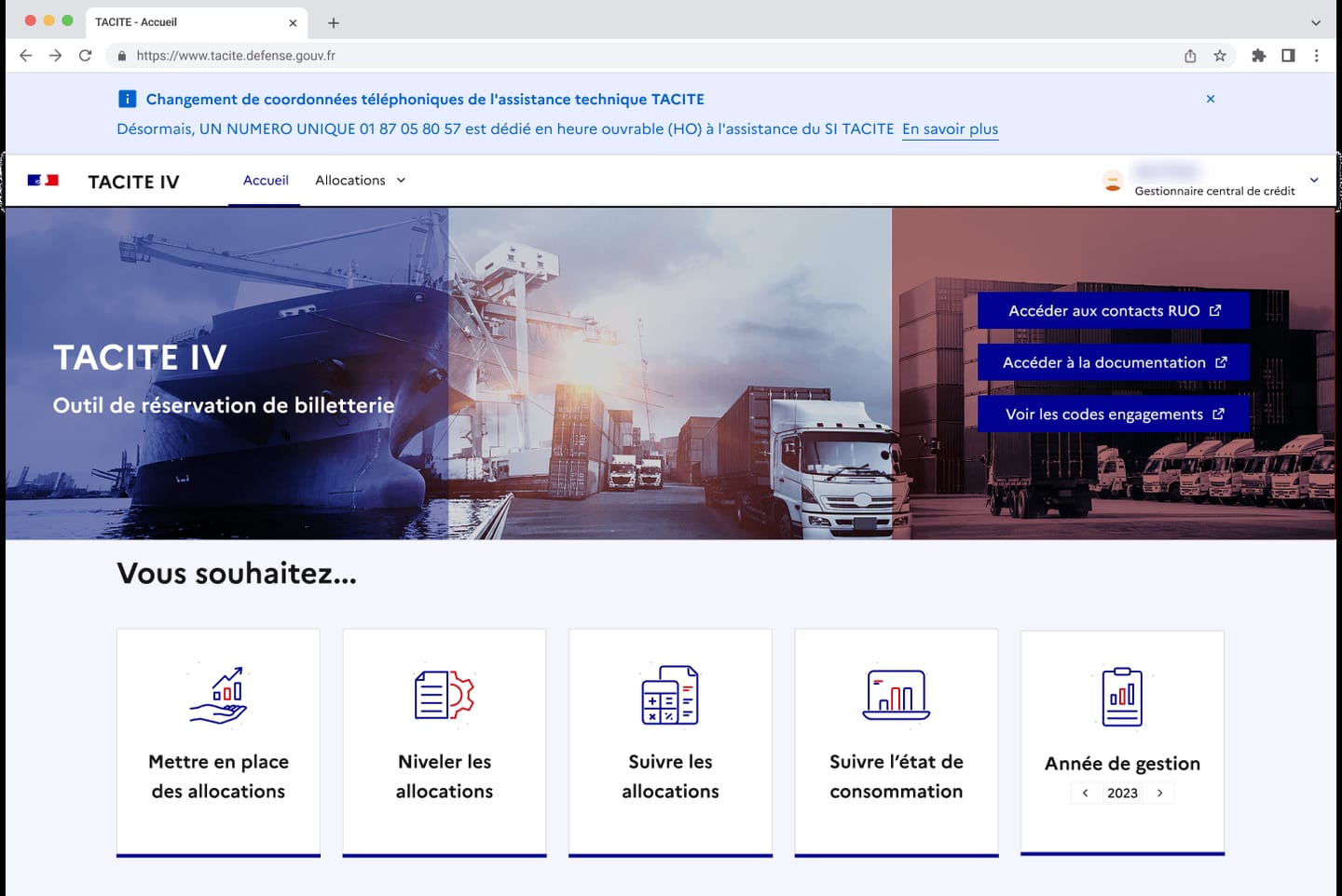 Accueil de TACITE IV pour un gestionnaire de crédit : « Vous souhaitez… » suivi de cinq tuiles, mettre en place, niveler, suivre les allocations, suivre l'état de consommation, année de gestion.