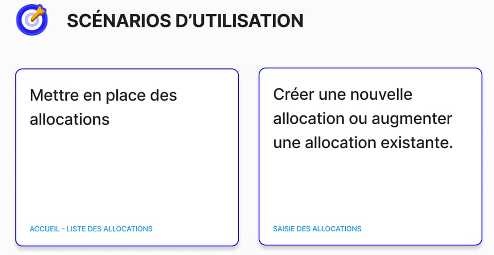 Deux scénarios du persona : mettre en place des allocations, créer ou augmenter une allocation.