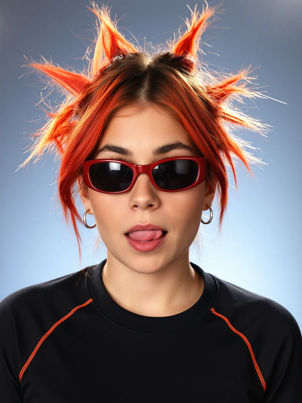 Portrait d'une femme aux cheveux orange dressés en pics, lunettes de soleil rouges, langue tirée, sur fond bleu.