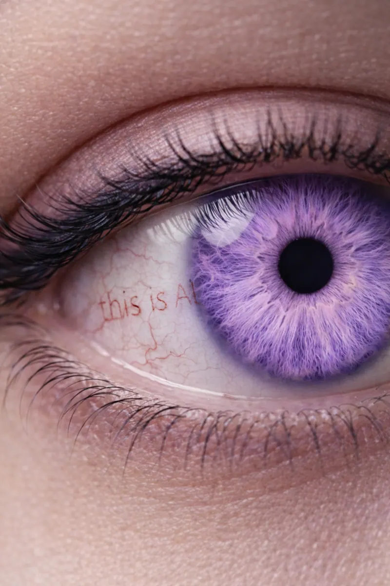 Gros plan sur un œil à l'iris violet ; une phrase minuscule est inscrite sur la peau, sous le cil.