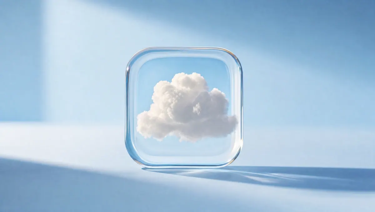 Un petit nuage blanc enfermé dans un cube de verre aux angles arrondis, sur fond bleu.