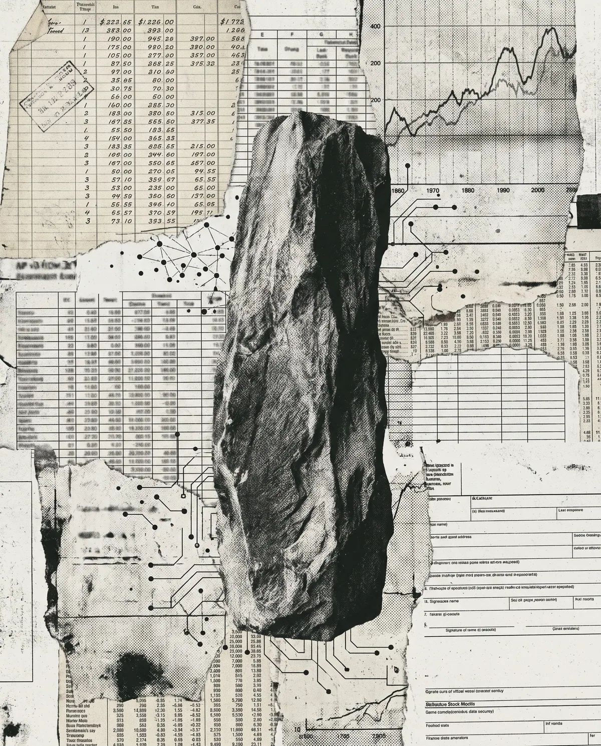 Collage noir et blanc : un bloc de pierre brute dressé sur un fond de tableaux chiffrés et de circuits imprimés.