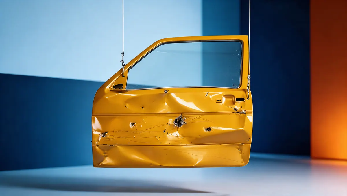 Une portière de voiture jaune, cabossée et criblée d'impacts, suspendue devant un fond bleu et orange.
