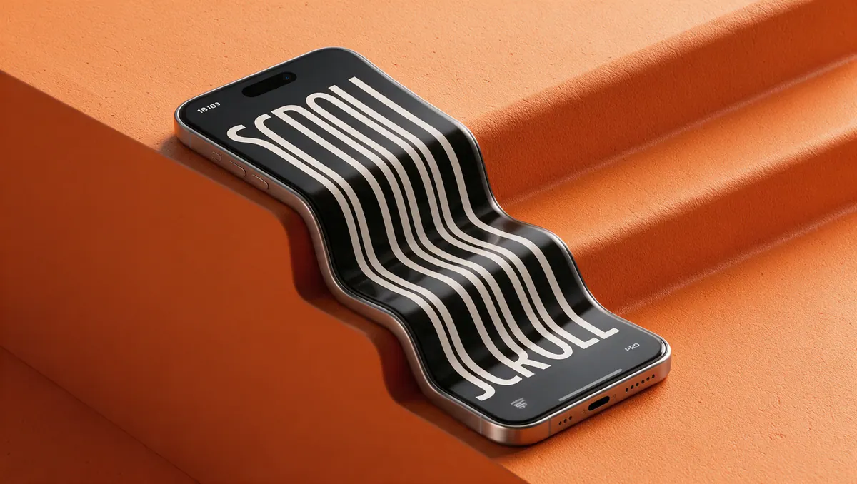 Un smartphone déformé en vague, l'écran étirant le mot « scroll » en boucle, sur fond orange.