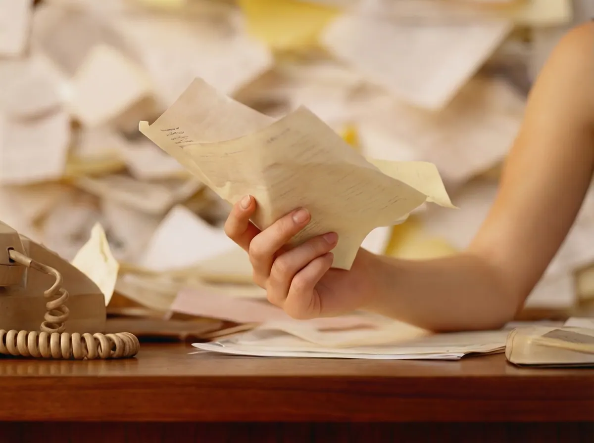 Une main froisse une feuille sur un bureau jonché de papiers, à côté d'un téléphone à cadran.