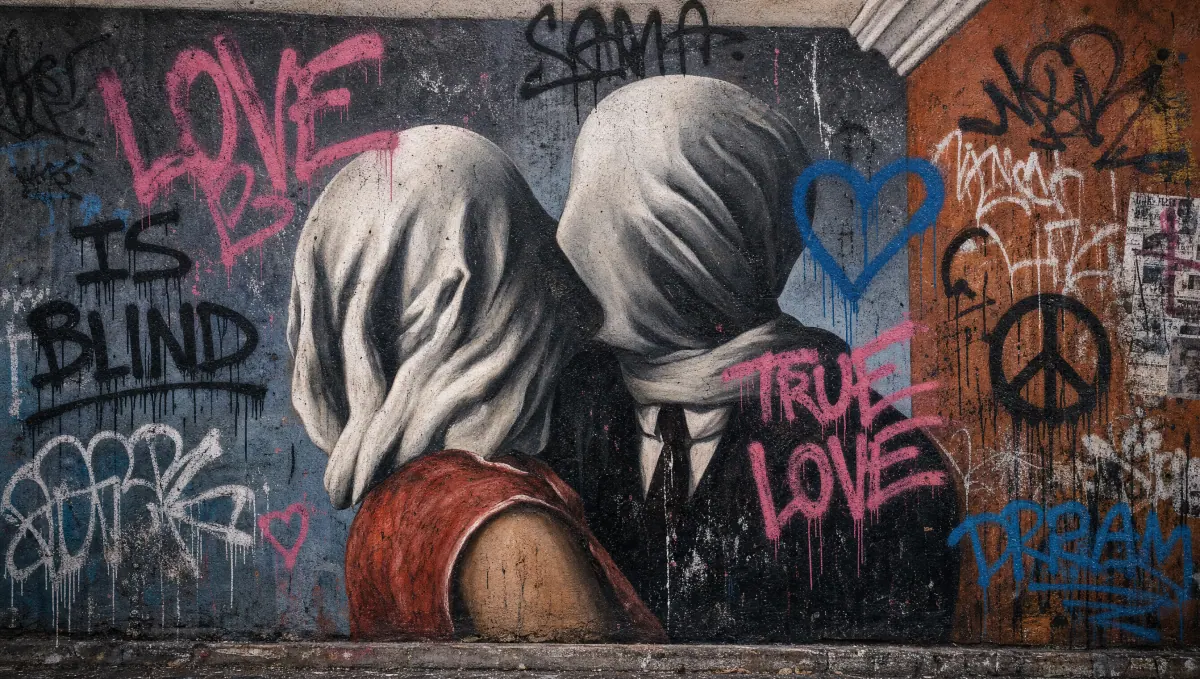 Mur de graffitis où deux silhouettes encapuchonnées s'embrassent, tags « love is blind »