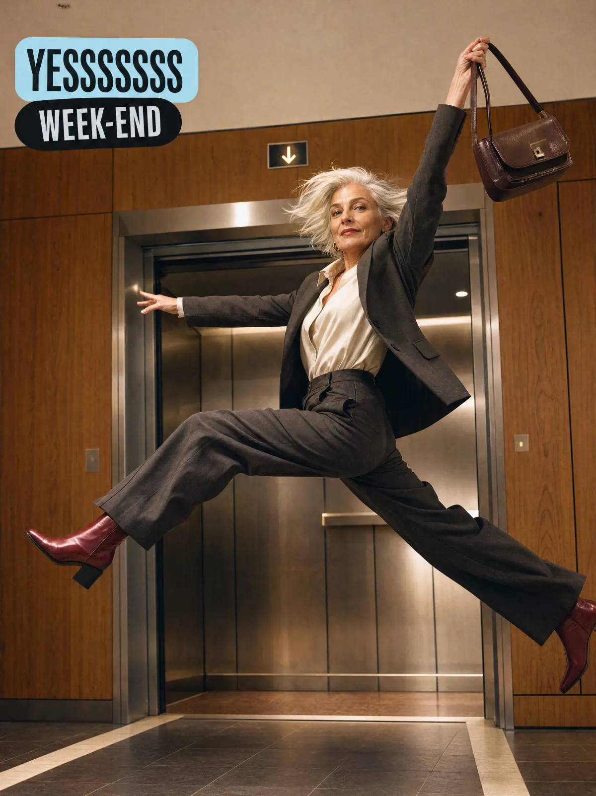 Une femme en tailleur bondit hors d'un ascenseur, pancarte « Yessssss week-end »