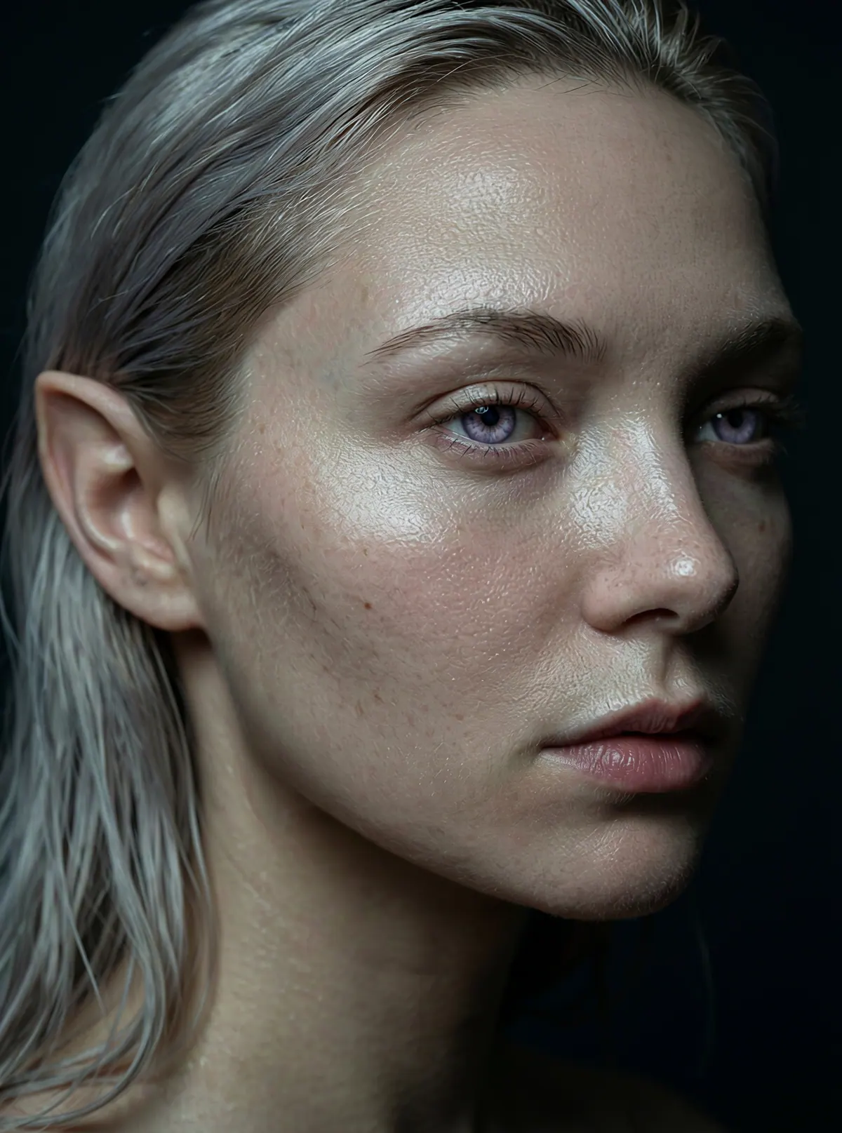 Portrait serré d'une femme aux cheveux gris et à la peau nacrée, sur fond noir.