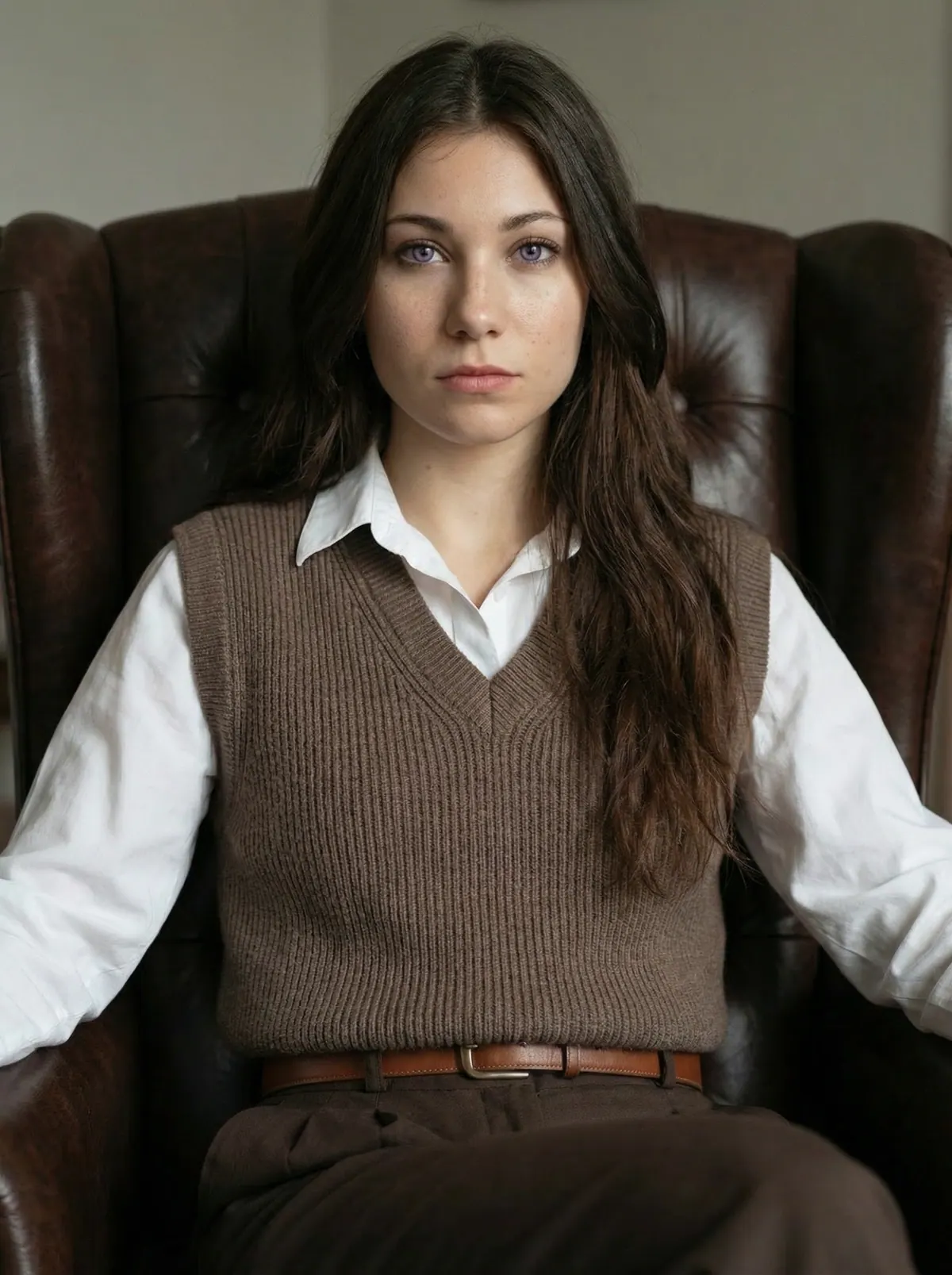 Une femme en chemise blanche et débardeur de laine, assise bien droite dans un fauteuil de cuir.