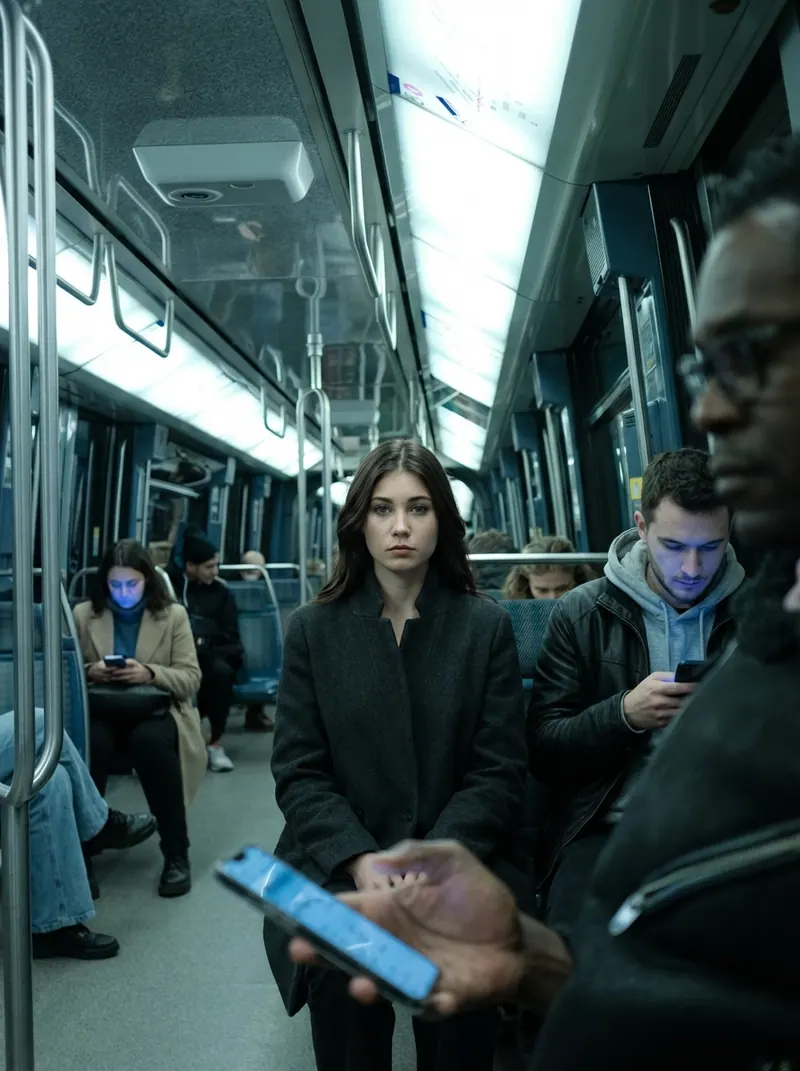 Une femme debout dans une rame de métro bondée tient son téléphone ; les autres voyageurs fixent le leur.