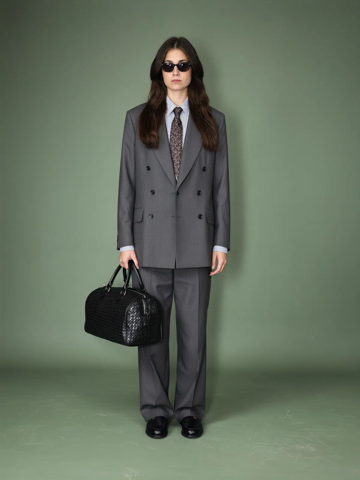 Une femme en costume gris et lunettes noires, sac de voyage à la main, debout devant un mur vert d'eau.