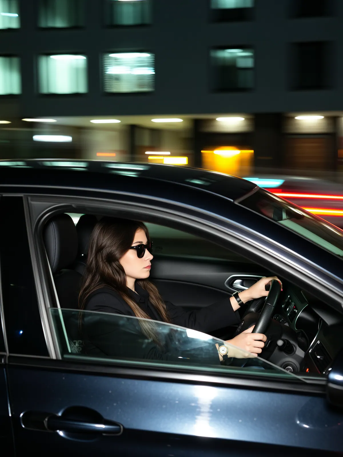 Une femme conduit la nuit ; les lumières de la ville filent derrière la vitre.