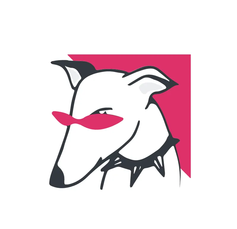 Illustration d'une tête de chien blanc, langue rose sortie, sur un aplat rose vif.