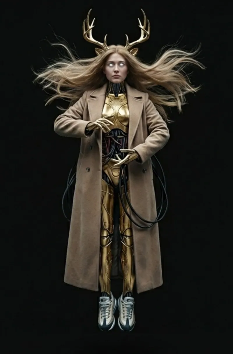 Personnage à bois de cerf, manteau beige ouvert sur une combinaison dorée, cheveux soulevés, sur fond noir.