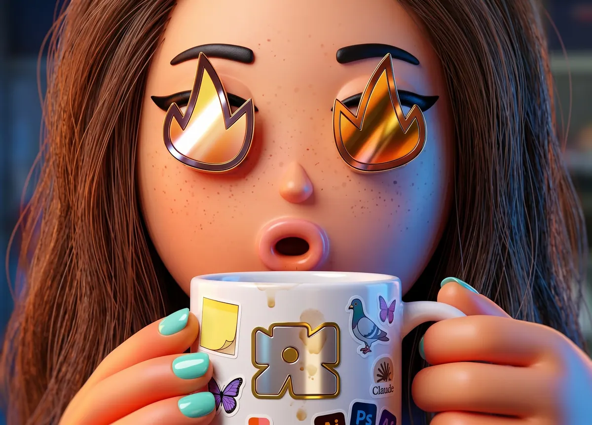 Personnage 3D aux yeux en flammes buvant dans un grand mug couvert de stickers.