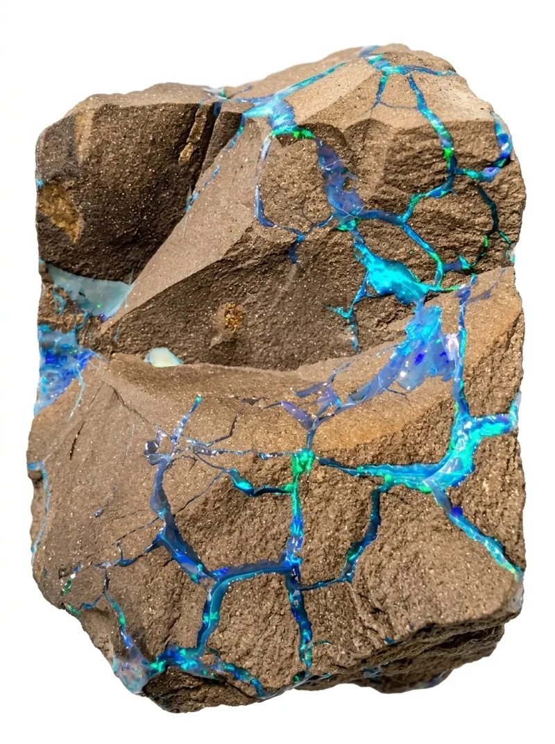 Un bloc de pierre brute veiné d'opale bleue et verte.