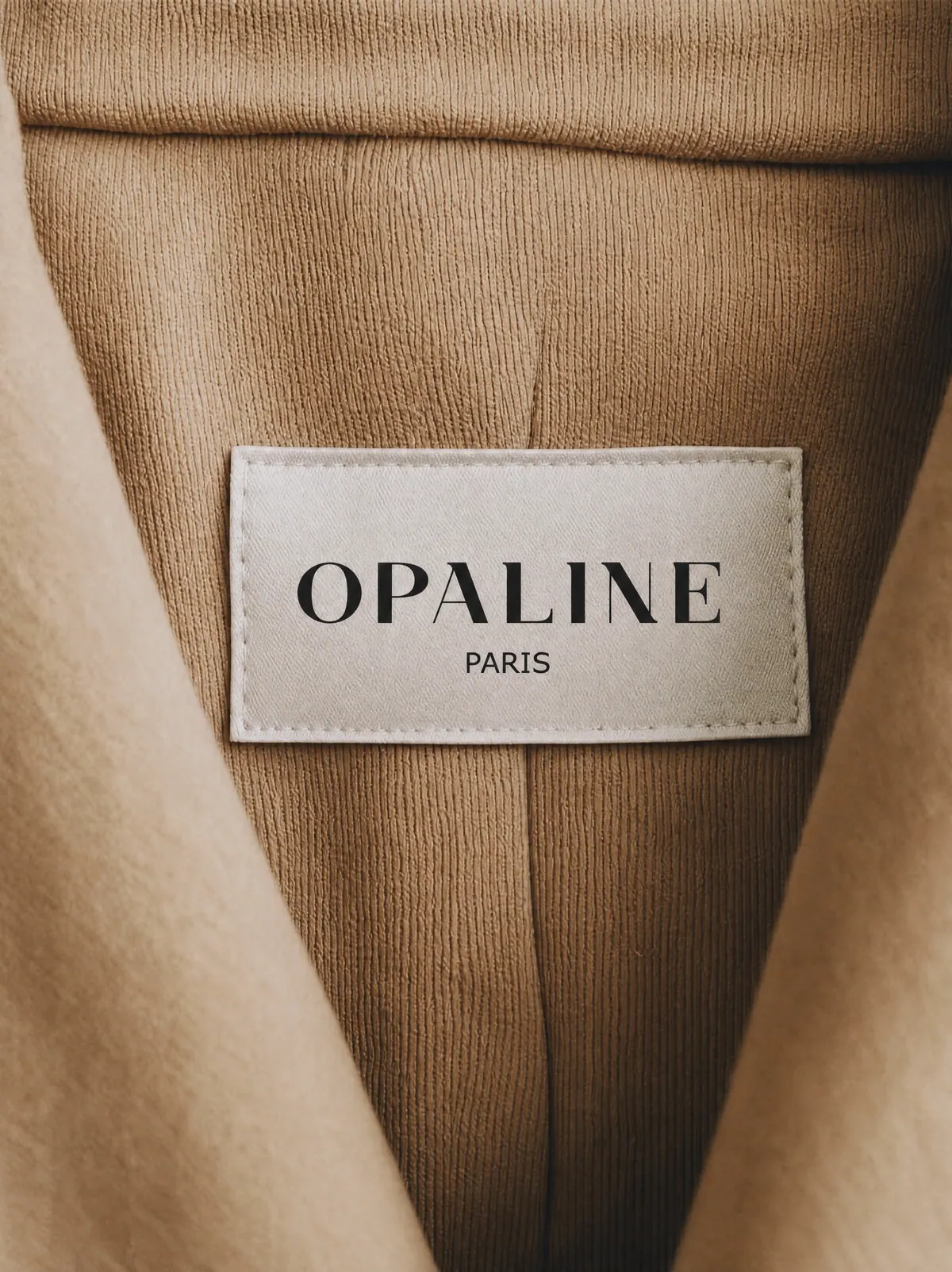 Étiquette « Opaline Paris » cousue dans le col d'un manteau beige.